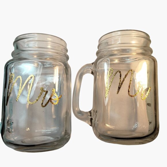 Mr Mrs Mason Jar Mugs Gold Script Writing Wedding Gift Anniversary Lot 2 - Picture 11 of 12